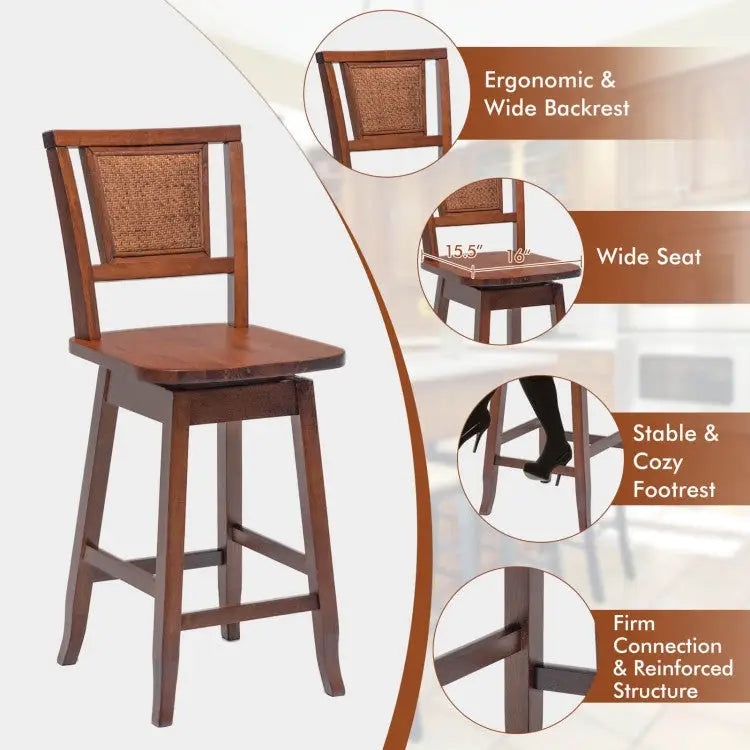 2 Pieces 24.5 Inch Bar Stools with Rattan Back and Swivel Seat Costway