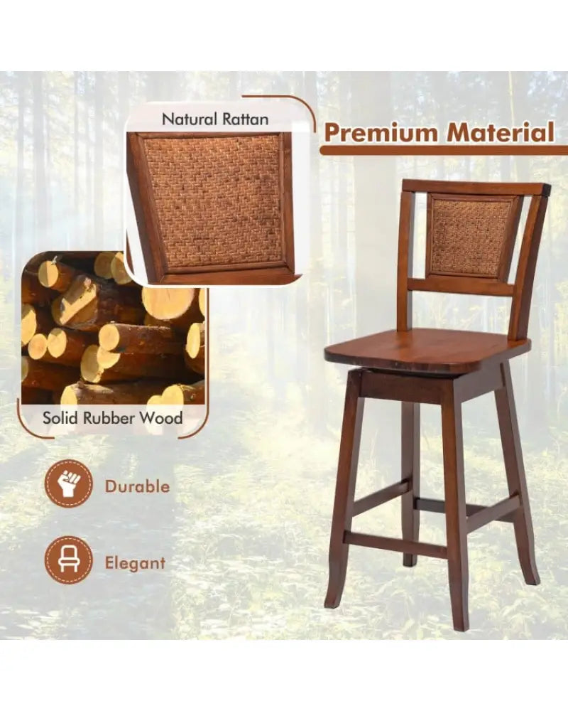 2 Pieces 24.5 Inch Bar Stools with Rattan Back and Swivel Seat - Brown - Bar Stools