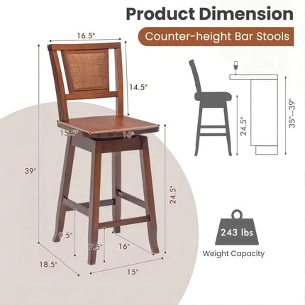 2 Pieces 24.5 Inch Bar Stools with Rattan Back and Swivel Seat Costway