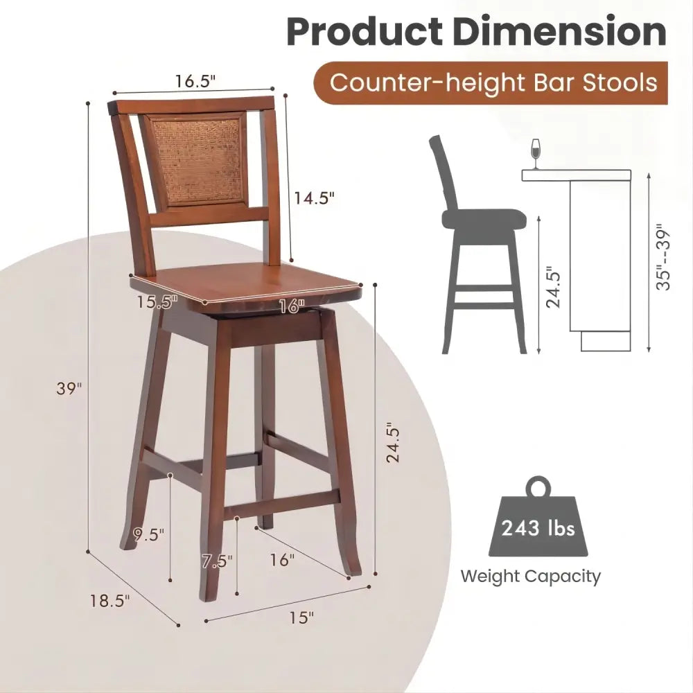 2 Pieces 24.5 Inch Bar Stools with Rattan Back and Swivel Seat Costway