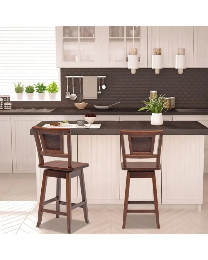 2 Pieces 24.5 Inch Bar Stools with Rattan Back and Swivel Seat - Brown - Bar Stools