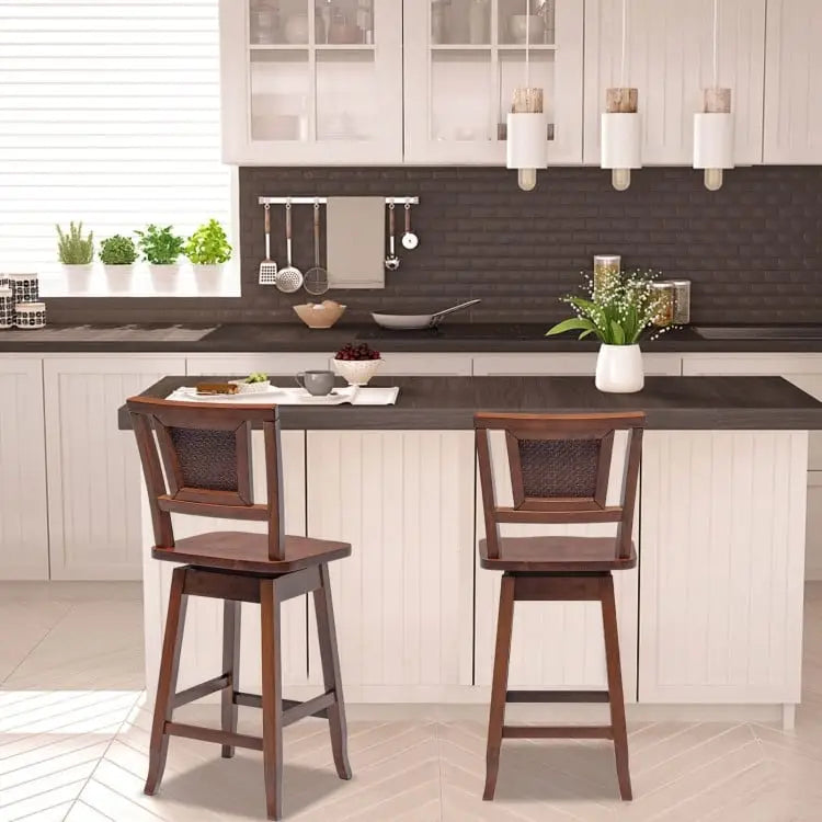 2 Pieces 24.5 Inch Bar Stools with Rattan Back and Swivel Seat - Brown - Bar Stools