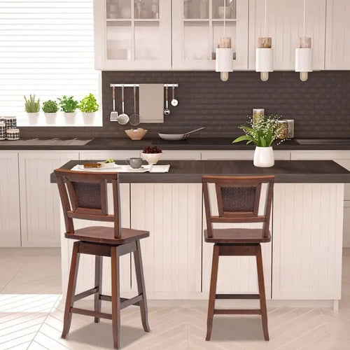 2 Pieces 24.5 Inch Bar Stools with Rattan Back and Swivel Seat - Brown - Bar Stools