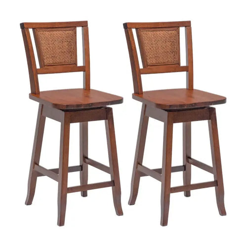 2 Pieces 24.5 Inch Bar Stools with Rattan Back and Swivel Seat - Brown - Bar Stools