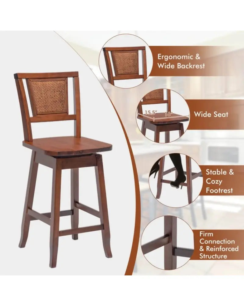 2 Pieces 24.5 Inch Bar Stools with Rattan Back and Swivel Seat - Brown - Bar Stools