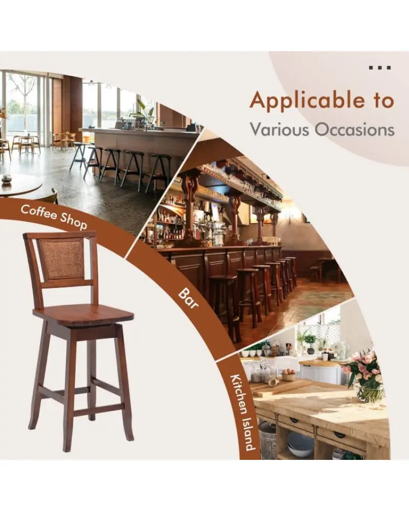 2 Pieces 24.5 Inch Bar Stools with Rattan Back and Swivel Seat - Brown - Bar Stools