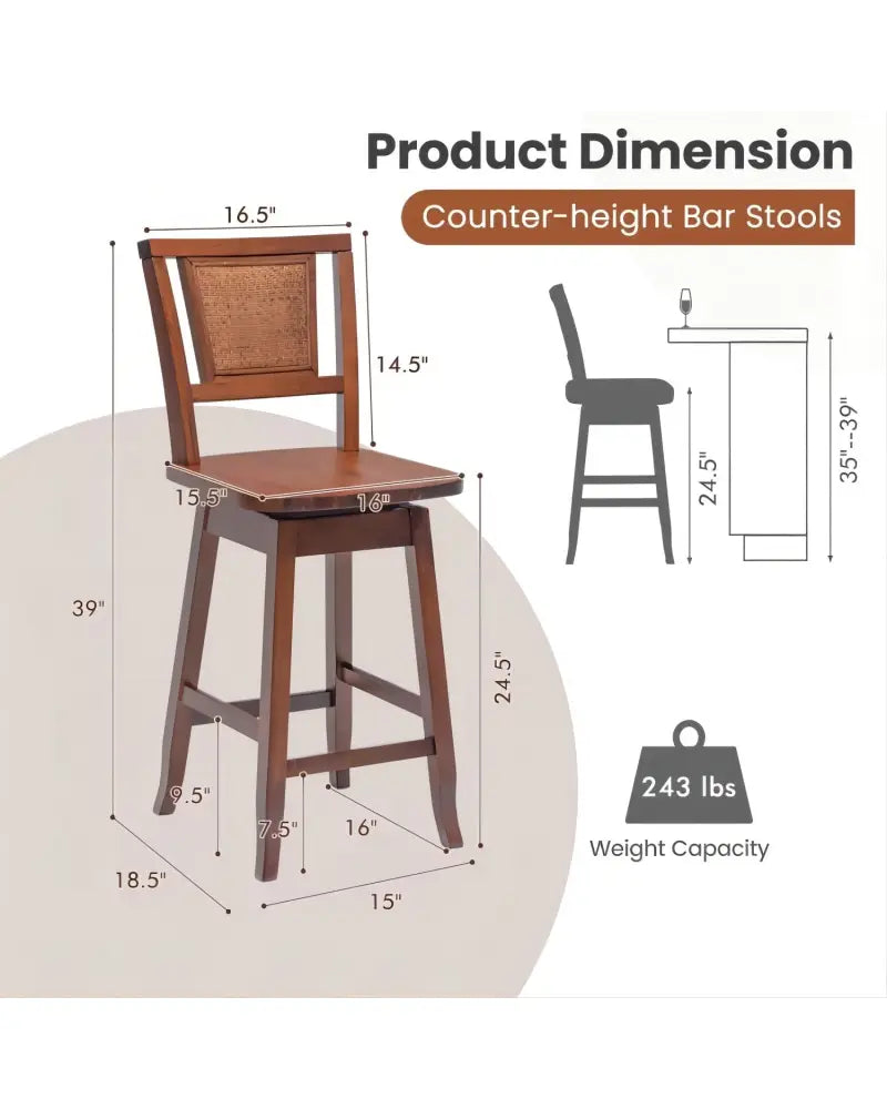 2 Pieces 24.5 Inch Bar Stools with Rattan Back and Swivel Seat - Brown - Bar Stools