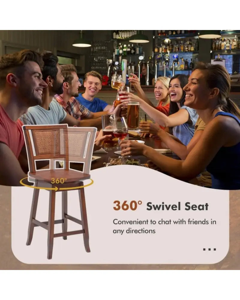 2 Pieces 24.5 Inch Bar Stools with Rattan Back and Swivel Seat - Brown - Bar Stools