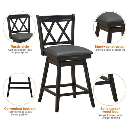 2 Pieces 24 Inch Swivel Counter Height Barstool Set with Rubber Wood Legs-Black Costway