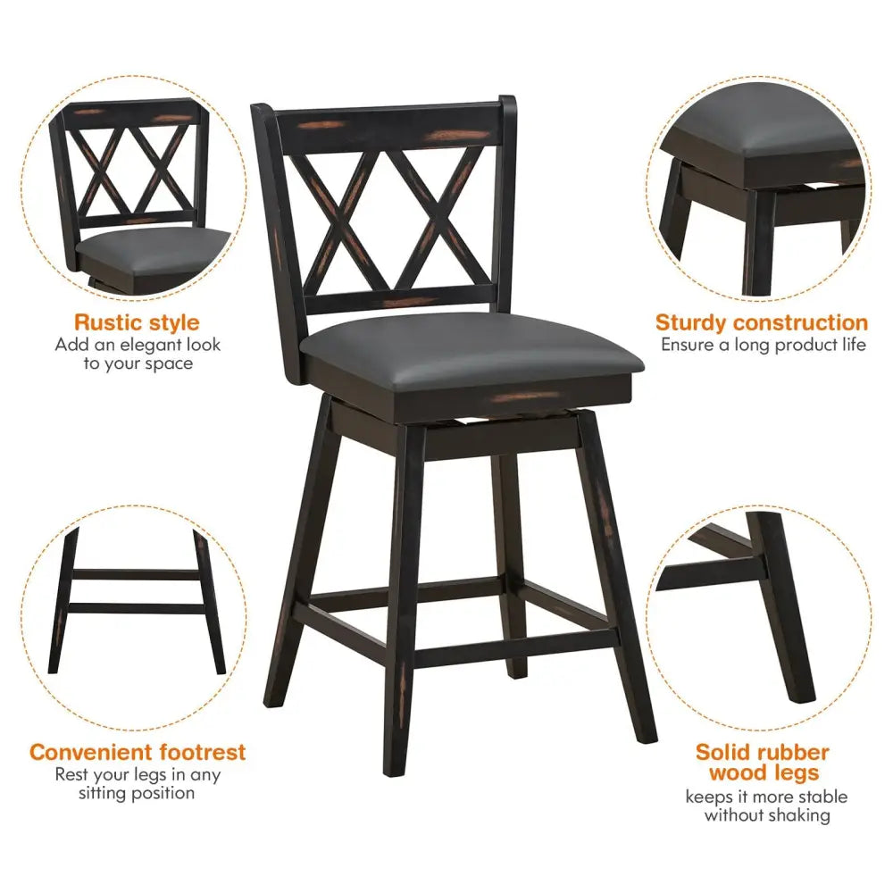 2 Pieces 24 Inch Swivel Counter Height Barstool Set with Rubber Wood Legs-Black Costway