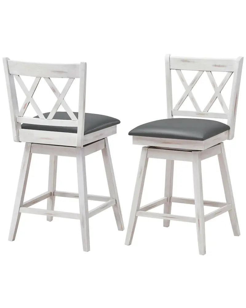 2 Pieces 24 Inch Swivel Counter Height Barstool Set with Rubber Wood Legs-White - White - Bar Stools