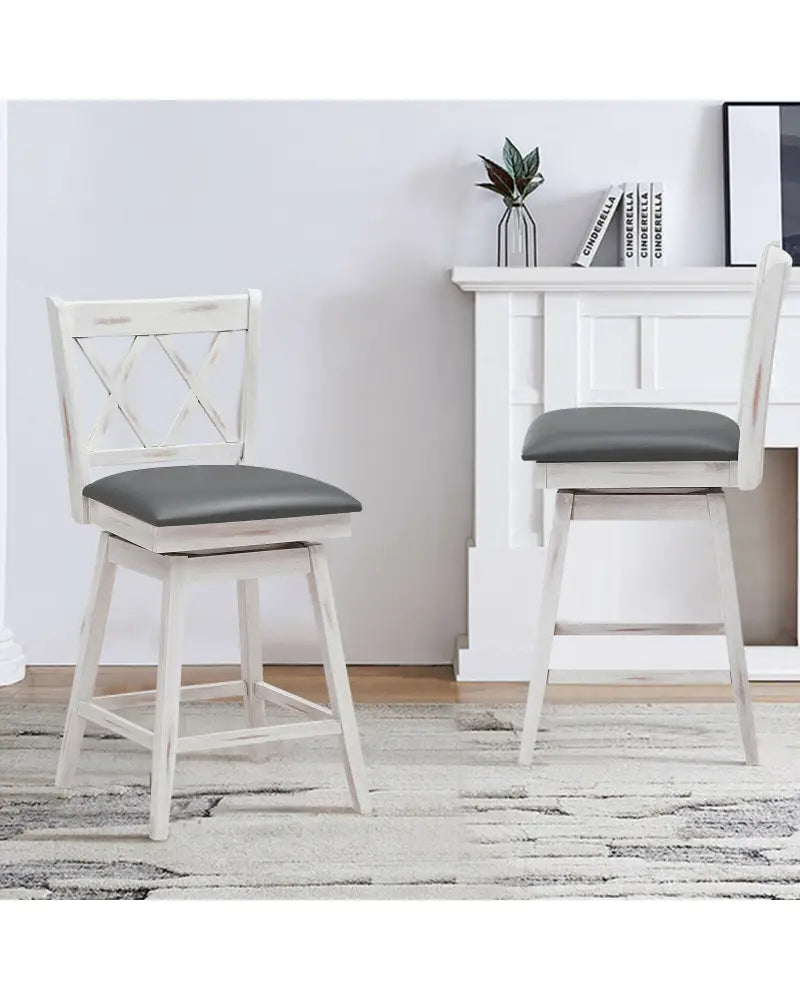 2 Pieces 24 Inch Swivel Counter Height Barstool Set with Rubber Wood Legs-White - White - Bar Stools