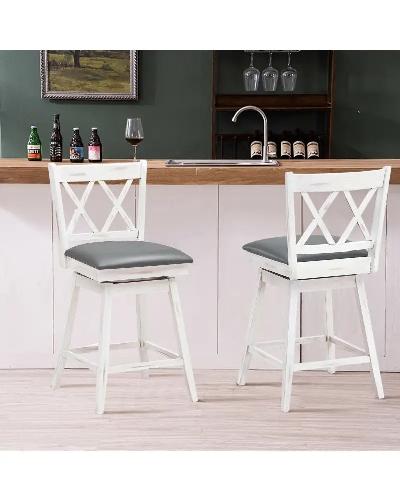 2 Pieces 24 Inch Swivel Counter Height Barstool Set with Rubber Wood Legs-White - White - Bar Stools