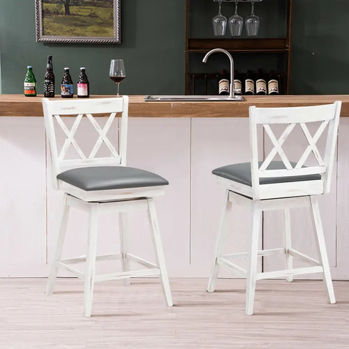 2 Pieces 24 Inch Swivel Counter Height Barstool Set with Rubber Wood Legs-White - White - Bar Stools
