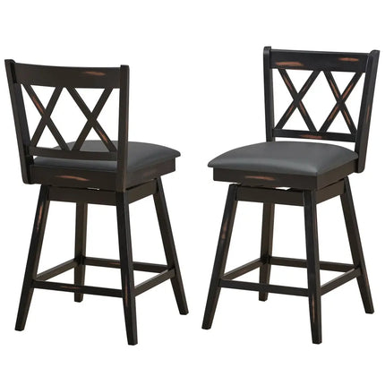 2 Pieces 24 Inch Swivel Counter Height Barstool Set with Rubber Wood Legs-Black Costway