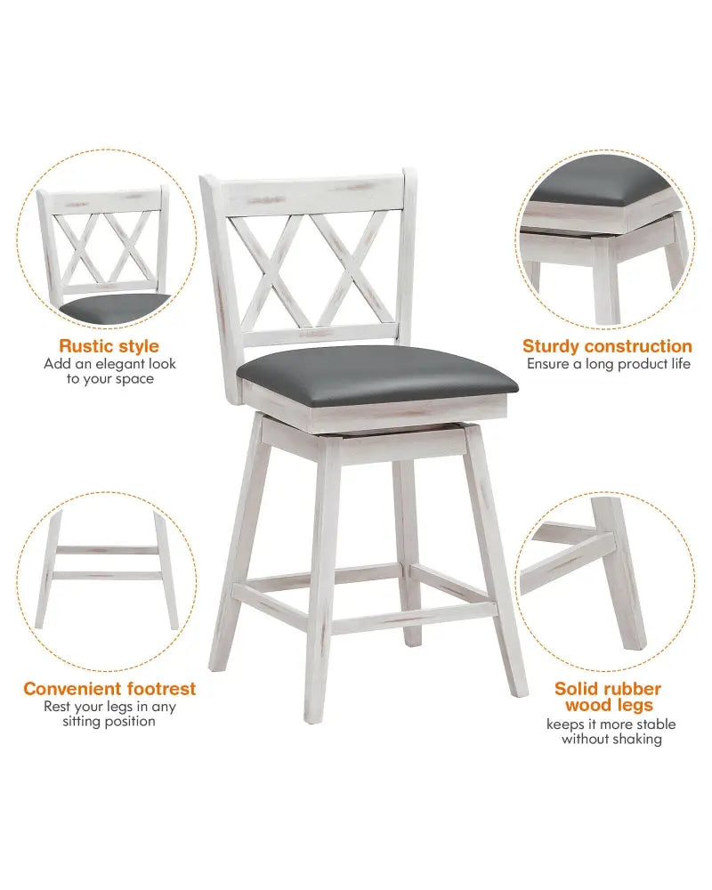 2 Pieces 24 Inch Swivel Counter Height Barstool Set with Rubber Wood Legs-White - White - Bar Stools