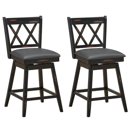 2 Pieces 24 Inch Swivel Counter Height Barstool Set with Rubber Wood Legs-Black Costway