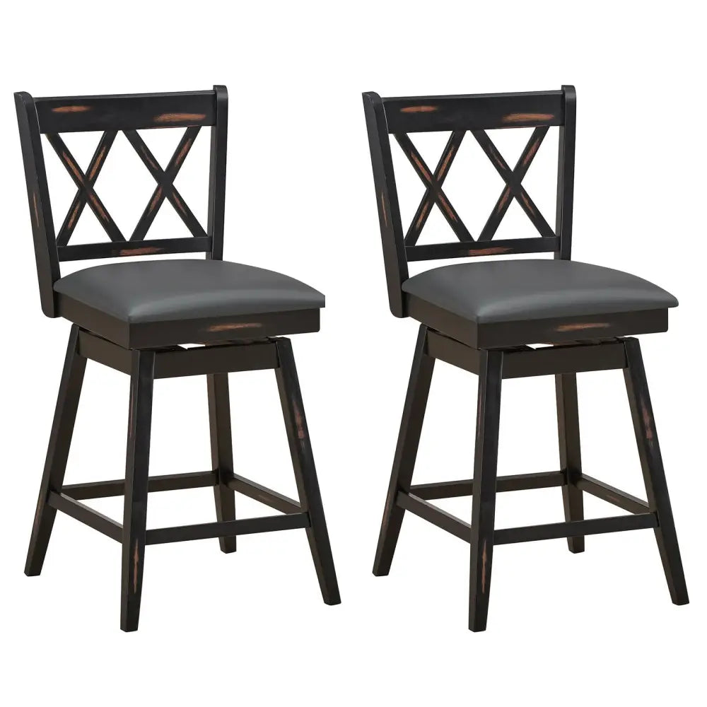 2 Pieces 24 Inch Swivel Counter Height Barstool Set with Rubber Wood Legs-Black Costway