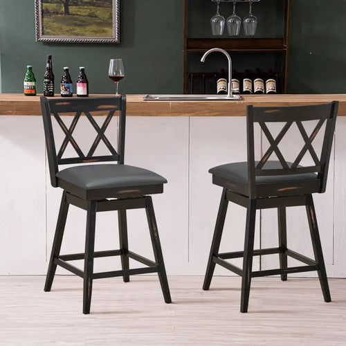 2 Pieces 24 Inch Swivel Counter Height Barstool Set with Rubber Wood Legs-Black - Black - Bar Stools