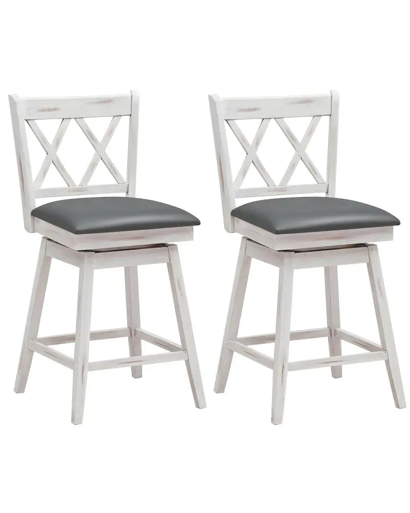 2 Pieces 24 Inch Swivel Counter Height Barstool Set with Rubber Wood Legs-White - White - Bar Stools