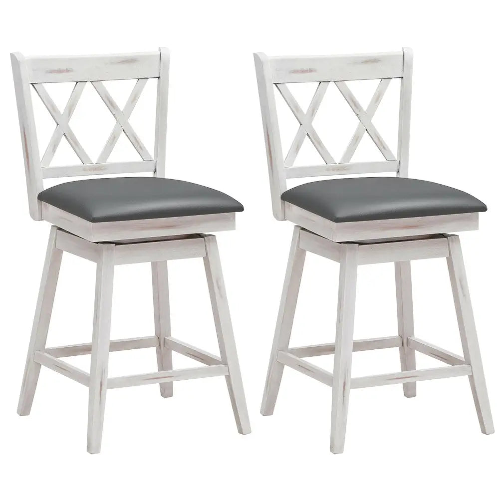 2 Pieces 24 Inch Swivel Counter Height Barstool Set with Rubber Wood Legs-White - White - Bar Stools