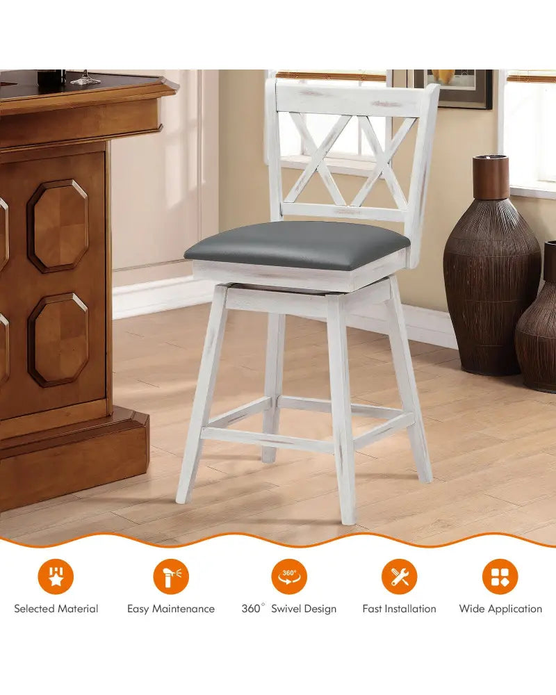 2 Pieces 24 Inch Swivel Counter Height Barstool Set with Rubber Wood Legs-White - White - Bar Stools