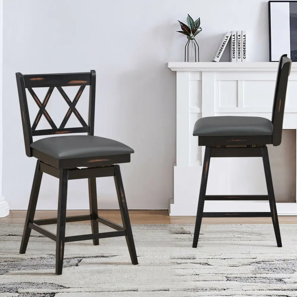 2 Pieces 24 Inch Swivel Counter Height Barstool Set with Rubber Wood Legs-Black Costway
