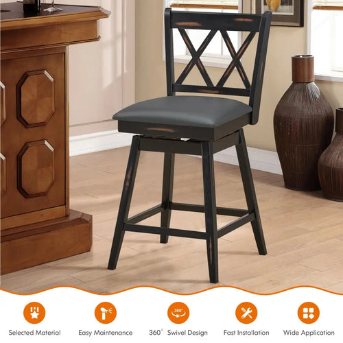 2 Pieces 24 Inch Swivel Counter Height Barstool Set with Rubber Wood Legs-Black - Black - Bar Stools