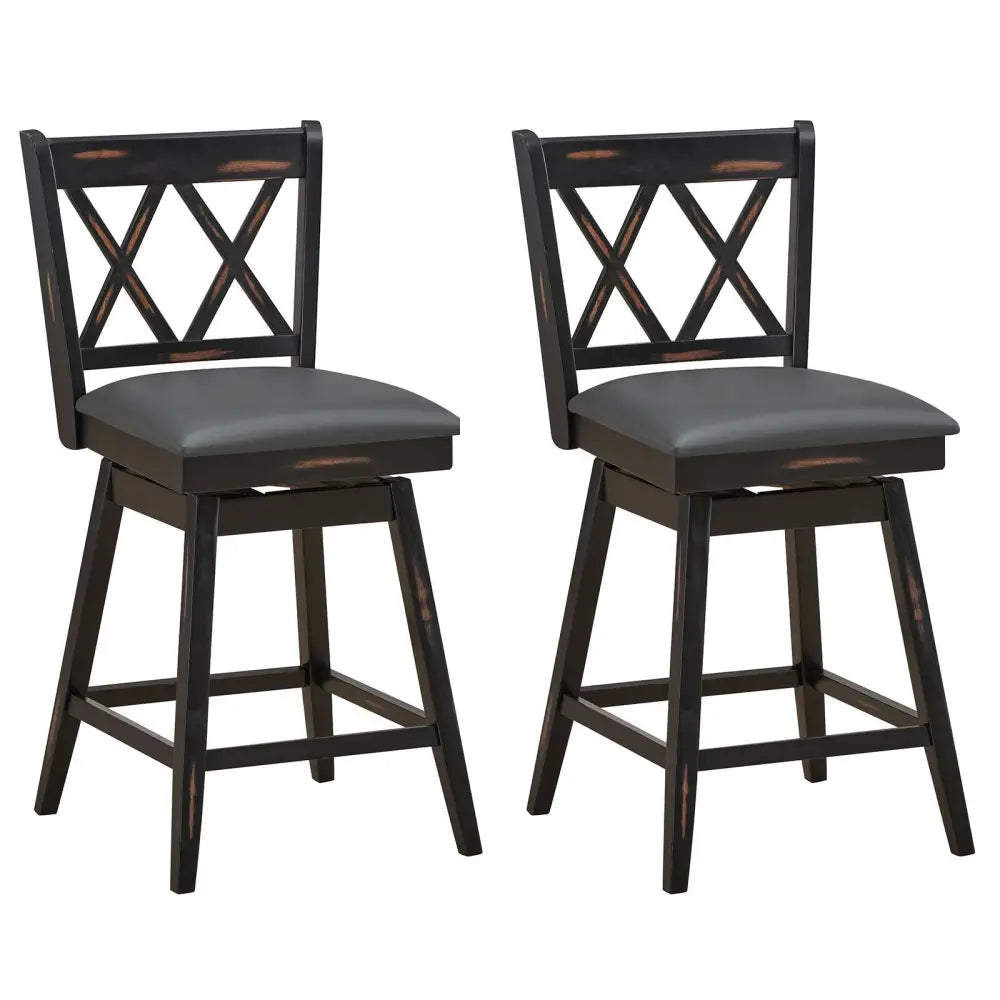 2 Pieces 24 Inch Swivel Counter Height Barstool Set with Rubber Wood Legs-Black - Black - Bar Stools