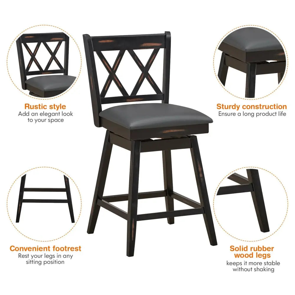 2 Pieces 24 Inch Swivel Counter Height Barstool Set with Rubber Wood Legs-Black - Black - Bar Stools