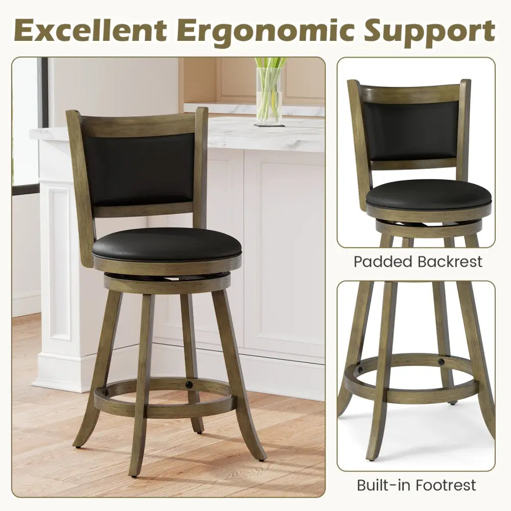 2 Pieces 24 Inch Swivel Counter Stool Dining Chair Upholstered Seat-Gray - Gray - Bar Stools