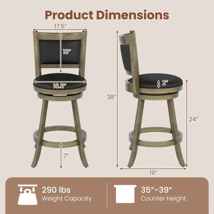 2 Pieces 24 Inch Swivel Counter Stool Dining Chair Upholstered Seat-Gray Costway