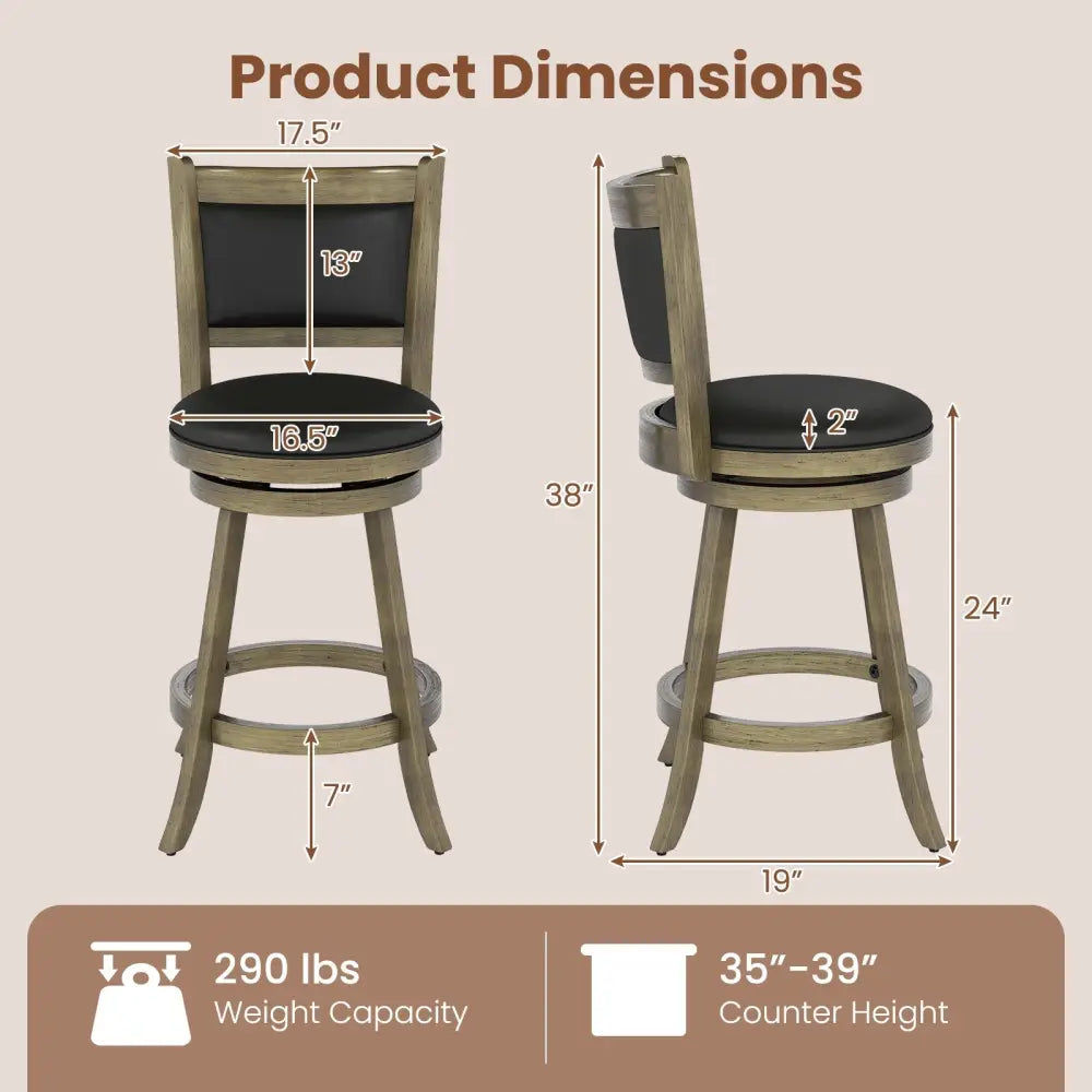 2 Pieces 24 Inch Swivel Counter Stool Dining Chair Upholstered Seat-Gray Costway
