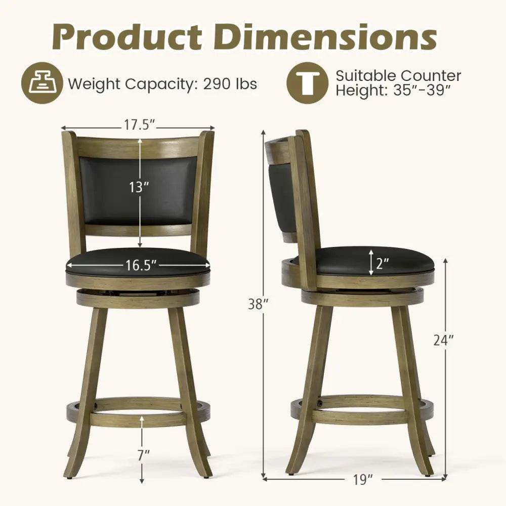 2 Pieces 24 Inch Swivel Counter Stool Dining Chair Upholstered Seat-Gray - Gray - Bar Stools