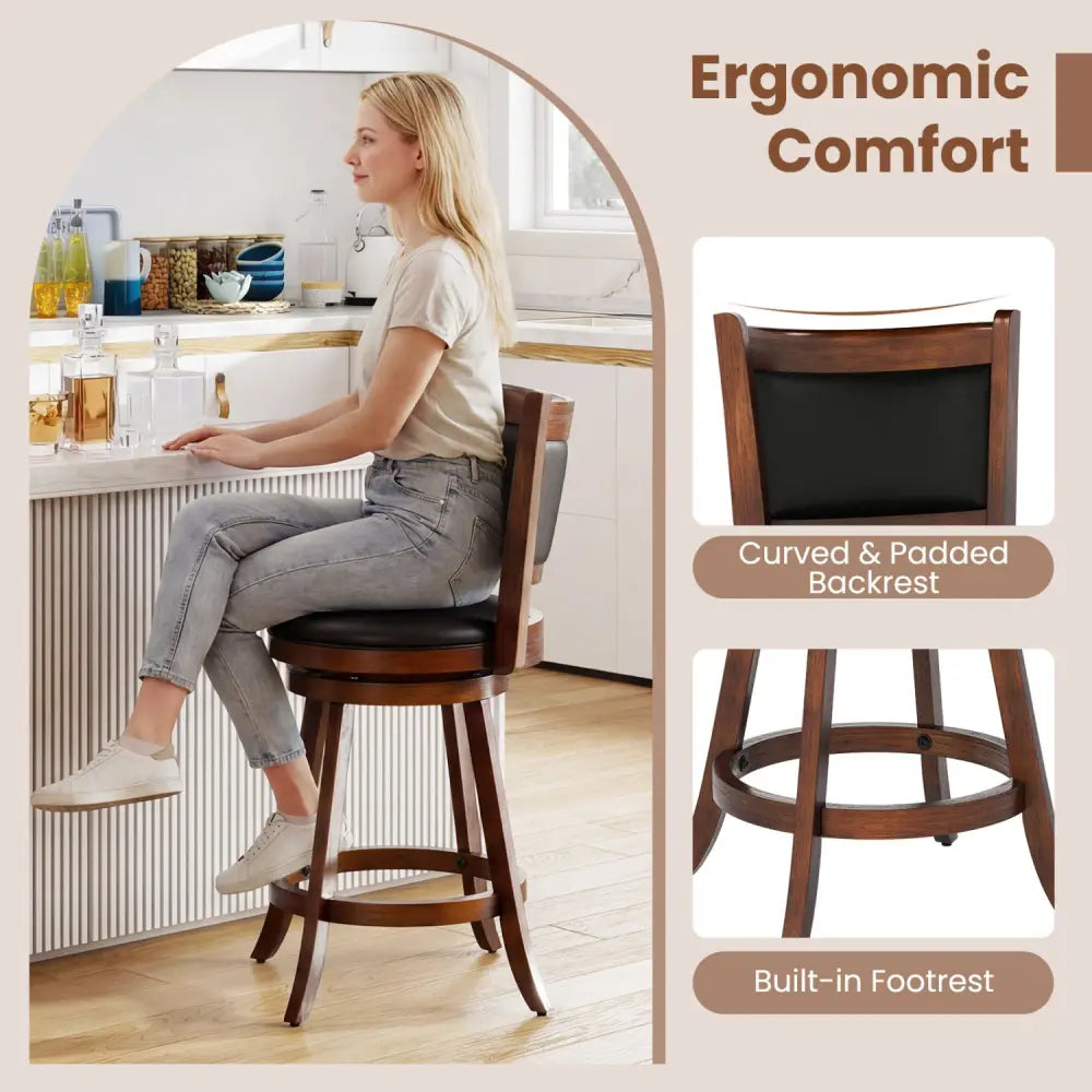2 Pieces 24 Inch Swivel Counter Stool Dining Chair Upholstered Seat-Brown - Brown - Bar Stools