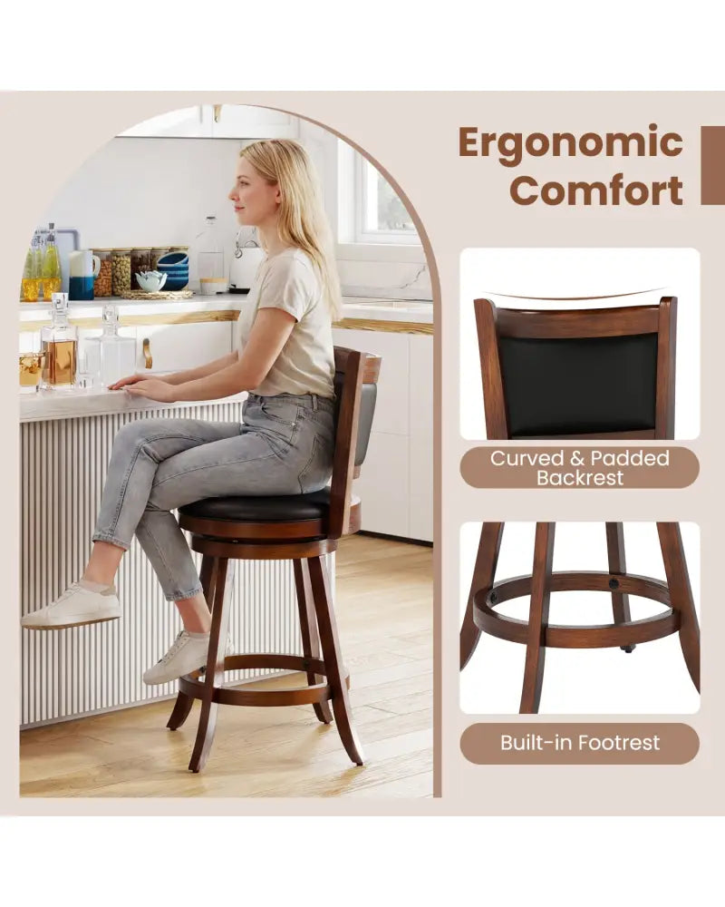 2 Pieces 24 Inch Swivel Counter Stool Dining Chair Upholstered Seat-Brown - Brown - Bar Stools
