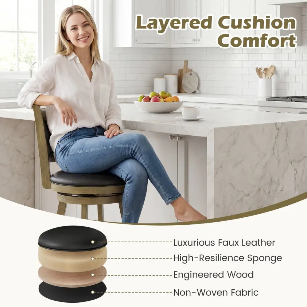 2 Pieces 24 Inch Swivel Counter Stool Dining Chair Upholstered Seat-Gray - Gray - Bar Stools