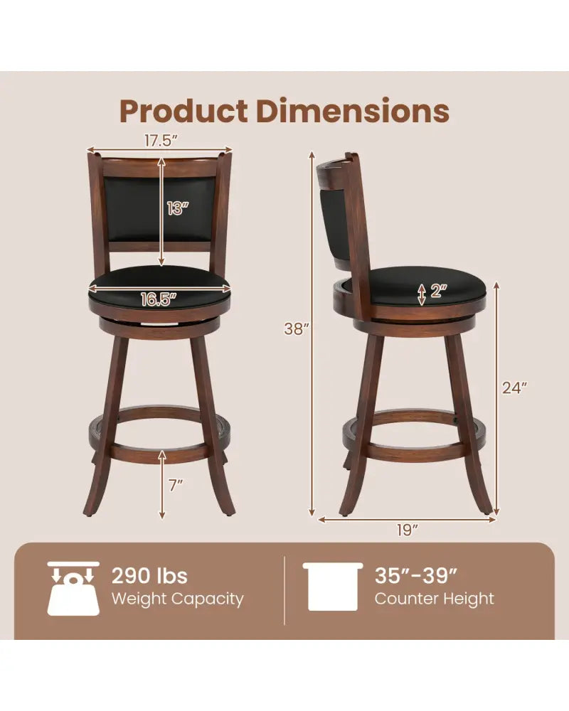 2 Pieces 24 Inch Swivel Counter Stool Dining Chair Upholstered Seat-Brown - Brown - Bar Stools