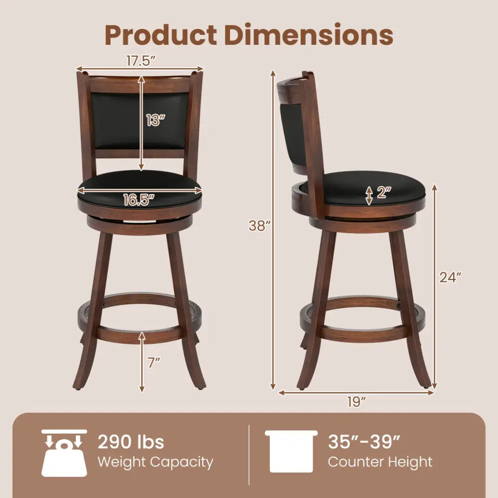 2 Pieces 24 Inch Swivel Counter Stool Dining Chair Upholstered Seat-Brown - Brown - Bar Stools
