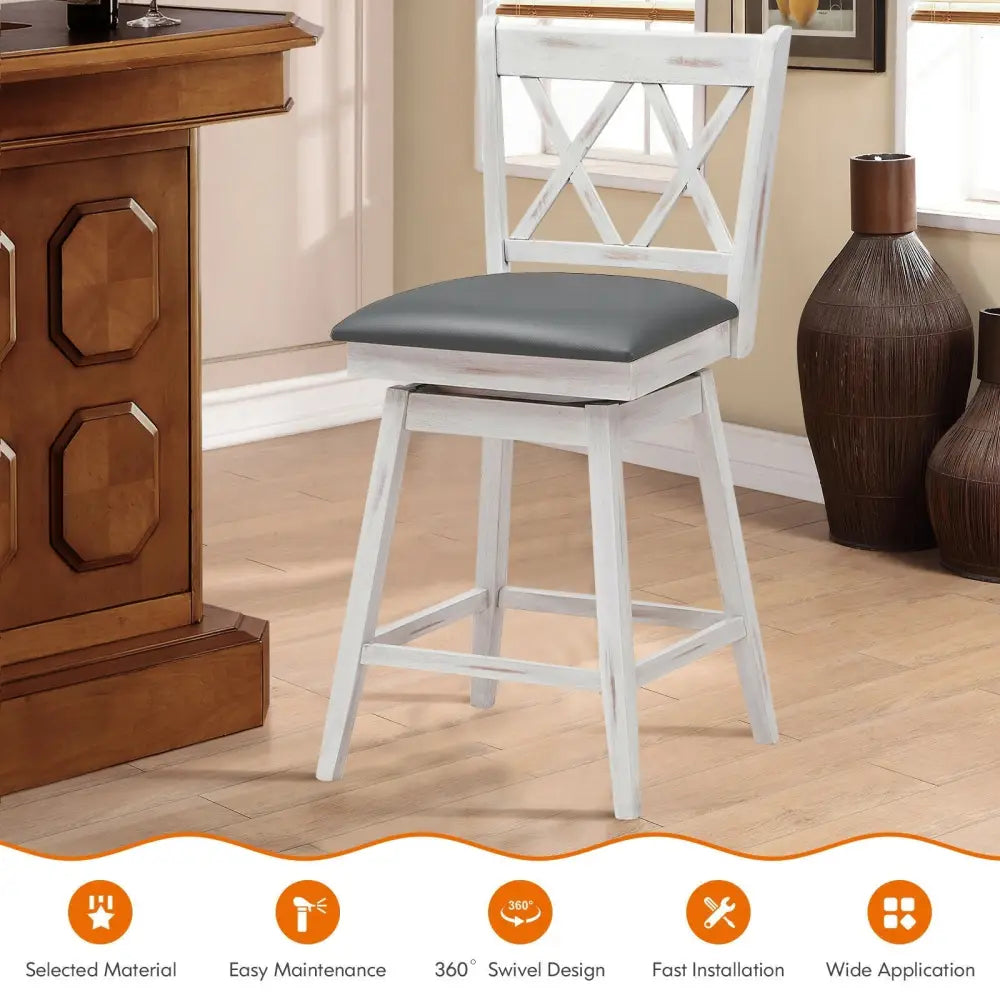 2 Pieces 24 Inches Swivel Counter Height Barstool Set with Rubber Wood Legs-White Costway
