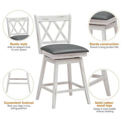 2 Pieces 24 Inches Swivel Counter Height Barstool Set with Rubber Wood Legs-White Costway