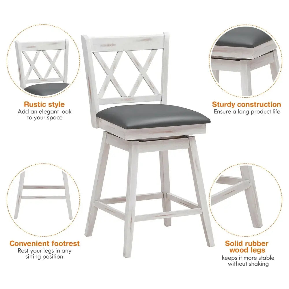 2 Pieces 24 Inches Swivel Counter Height Barstool Set with Rubber Wood Legs-White Costway