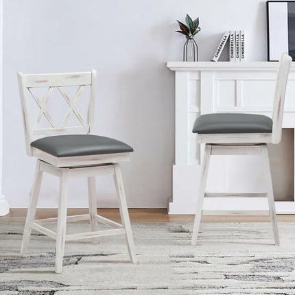 2 Pieces 24 Inches Swivel Counter Height Barstool Set with Rubber Wood Legs-White Costway