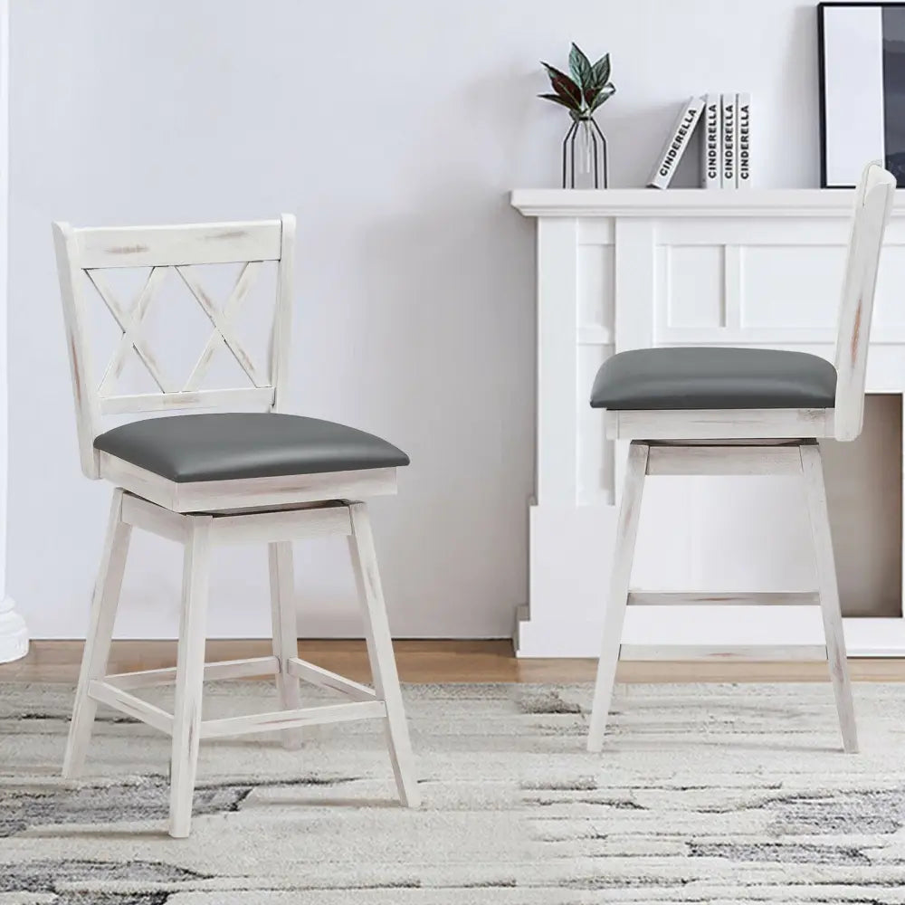 2 Pieces 24 Inches Swivel Counter Height Barstool Set with Rubber Wood Legs-White Costway