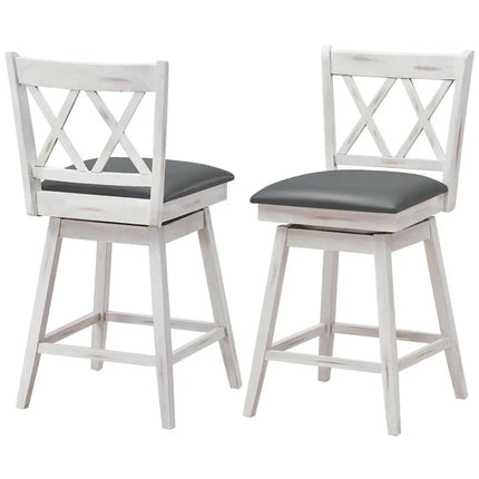 2 Pieces 24 Inches Swivel Counter Height Barstool Set with Rubber Wood Legs-White Costway