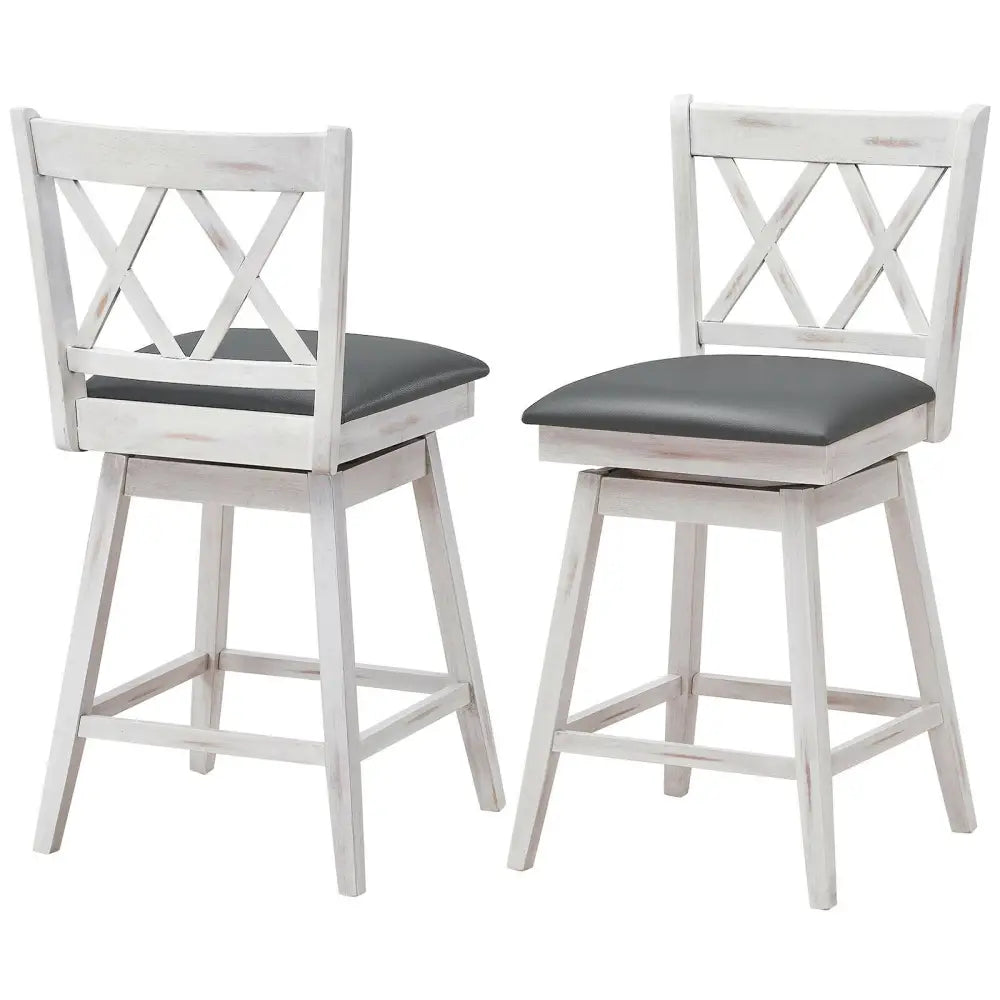 2 Pieces 24 Inches Swivel Counter Height Barstool Set with Rubber Wood Legs-White Costway