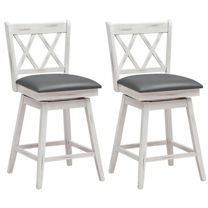 2 Pieces 24 Inches Swivel Counter Height Barstool Set with Rubber Wood Legs-White Costway