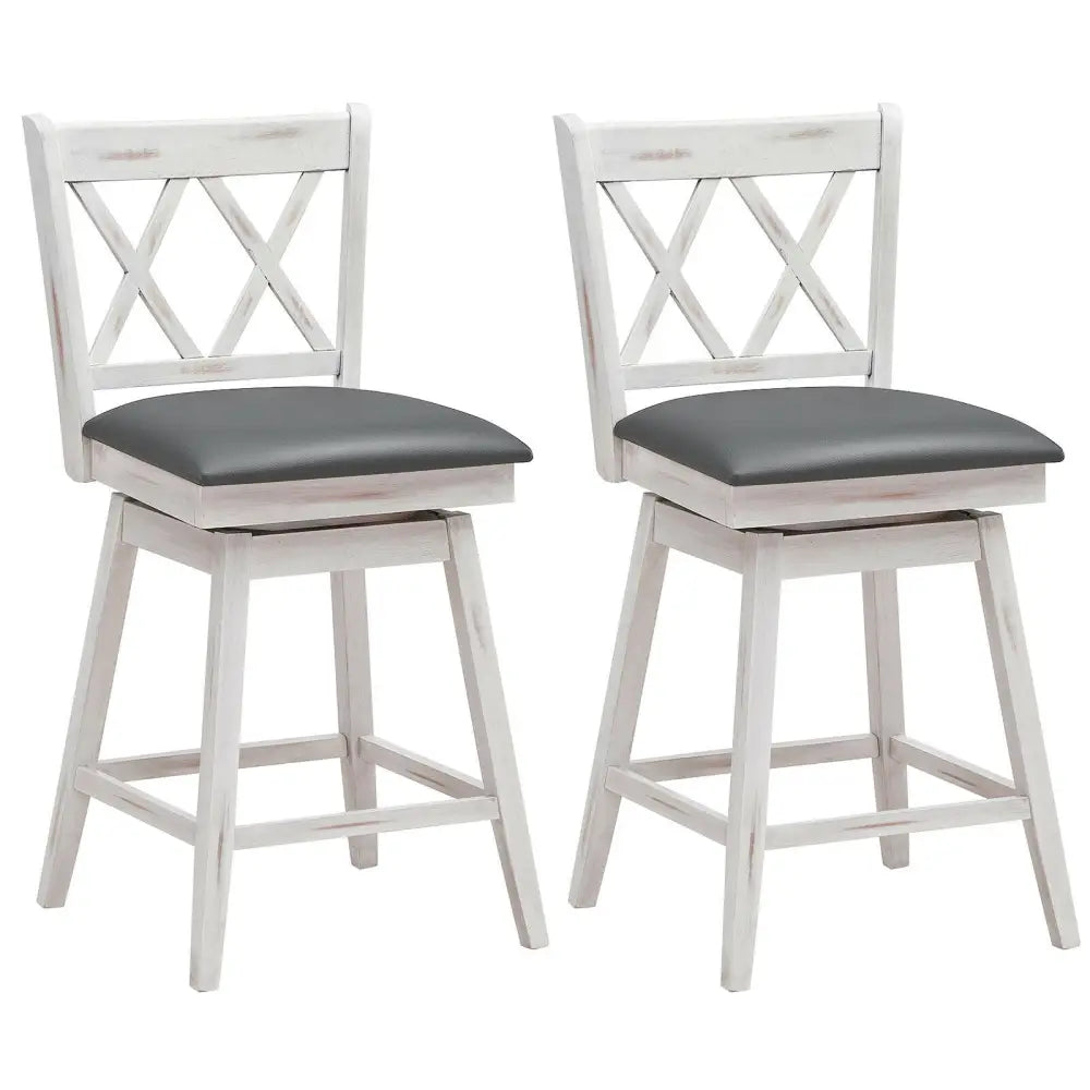2 Pieces 24 Inches Swivel Counter Height Barstool Set with Rubber Wood Legs-White Costway