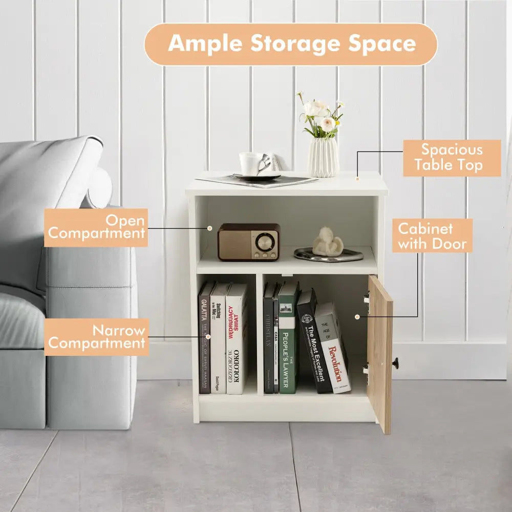 2 Pieces 25 Inch Tall Nightstands with Door and 2 Open Shelves-White - White - Nightstands