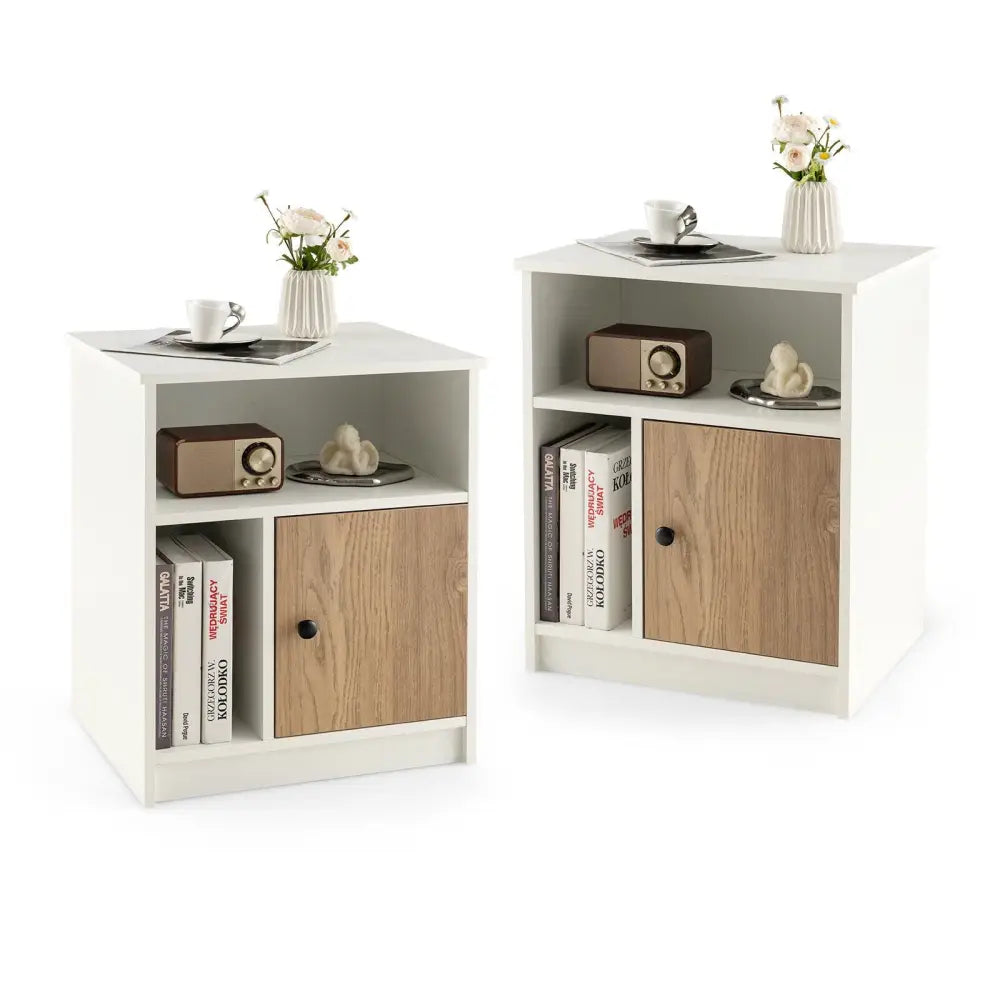 2 Pieces 25 Inch Tall Nightstands with Door and 2 Open Shelves-White - White - Nightstands